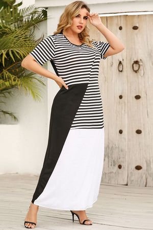 Black and white striped maxi dress with asymmetric color block design