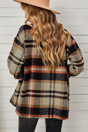 Relaxed plaid shacket with patch pockets in blue/orange and khaki tones.