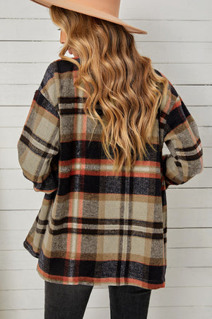 Relaxed plaid shacket with patch pockets in blue/orange and khaki tones.