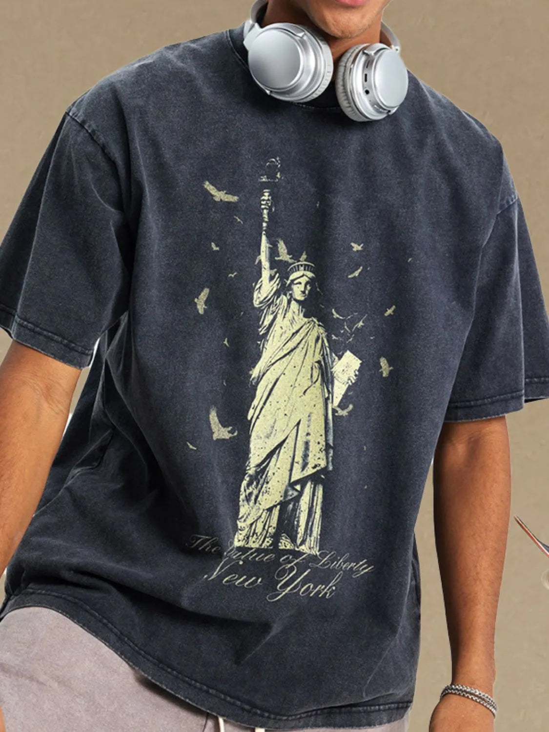 Black vintage wash t-shirt with Statue of Liberty graphic and New York text.