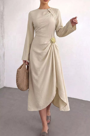 Ruched Long Sleeve Midi Dress in Beige, back view