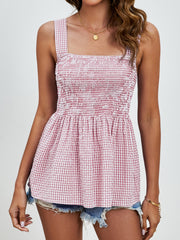 Smocked gingham peplum tank top with square neckline and wide straps in Deep Red.