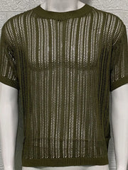 Open-knit boxy crew neck sweater in army green acrylic with short sleeves.