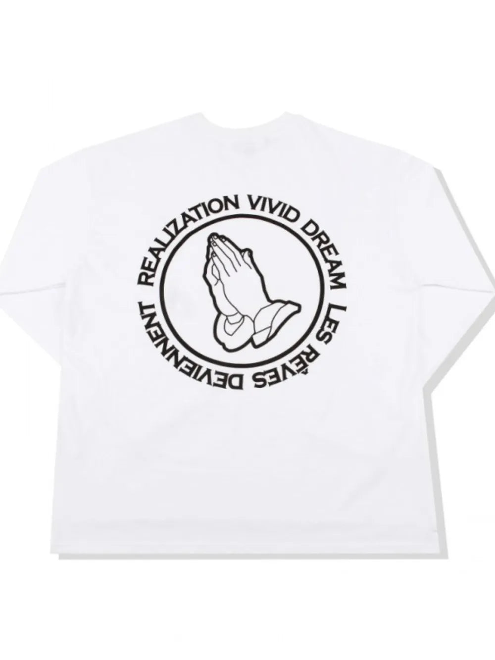 White long sleeve tee with praying hands graphic and text circle