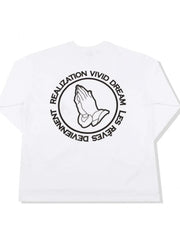 White long sleeve tee with praying hands graphic and text circle