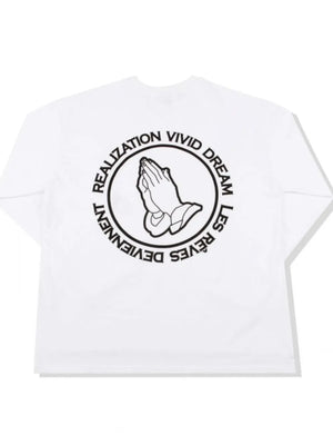 White long sleeve tee with praying hands graphic and text circle