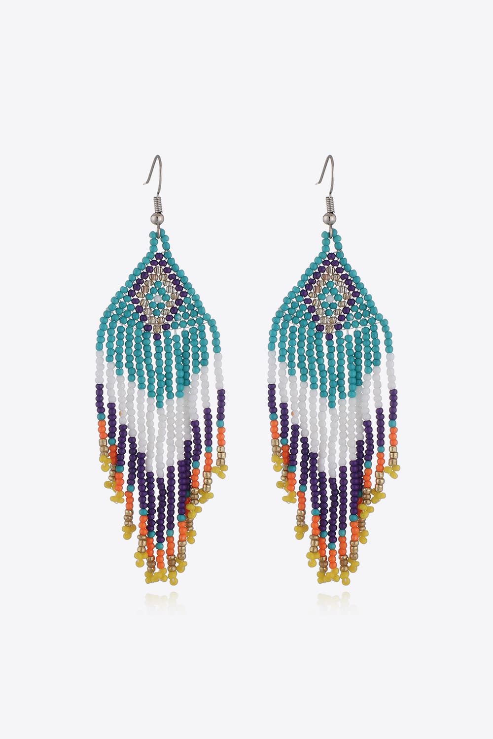 Beaded diamond fringe earrings in turquoise, white, purple, orange, yellow, and gold beads.