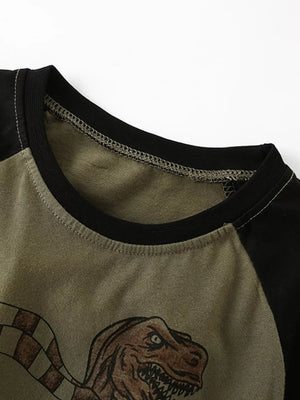 Toddler t-shirt with crew neck, raglan sleeves, and dinosaur graphic on olive green cotton.
