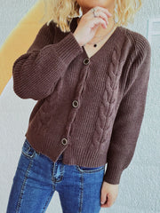 Brown cable knit raglan cardigan with button front and v-neck