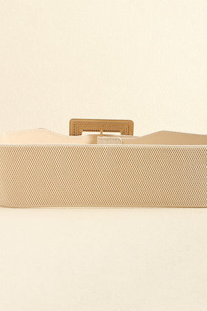 Textured buckle elasticated waist belt in ivory with gold-tone hardware.