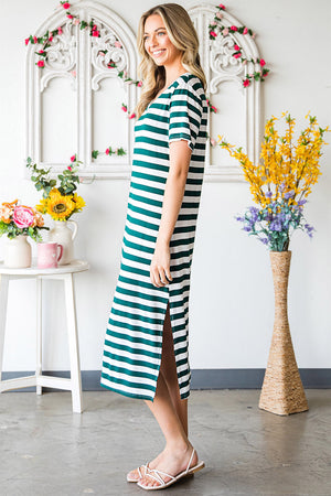 Green and white striped jersey maxi dress with short sleeves and side slits.