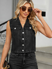 Black cropped denim utility vest with button front and two chest pockets.