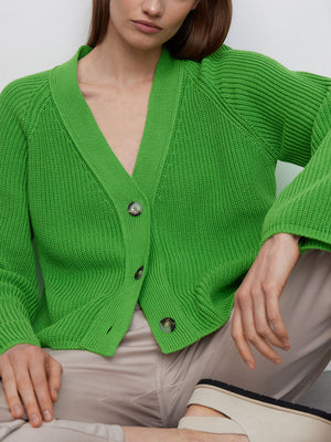 Green ribbed raglan cardigan with deep V-neck and button front detail.