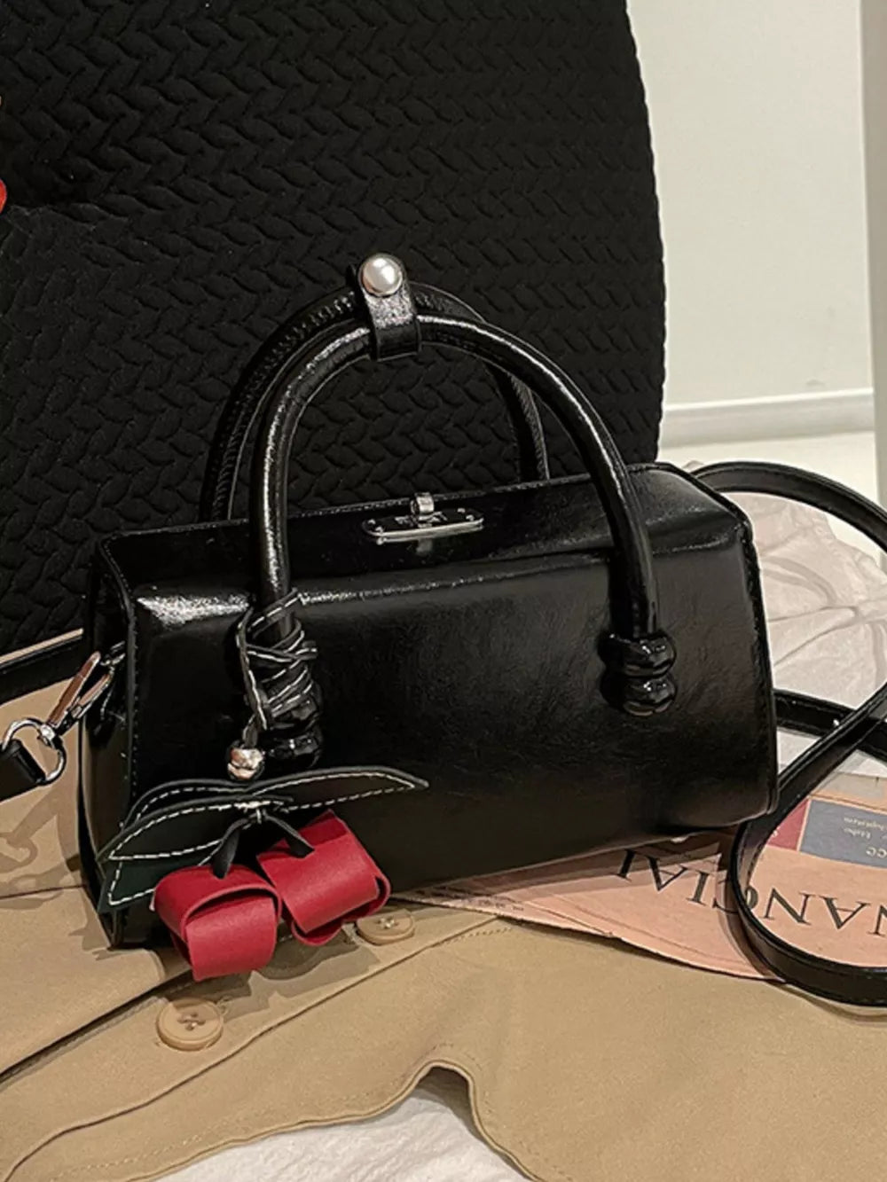 Top Handle Crossbody Bag in Pink, close-up detail