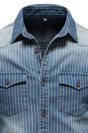 Peacock blue denim western shirt with vertical white stripes, button front, and two chest pockets.