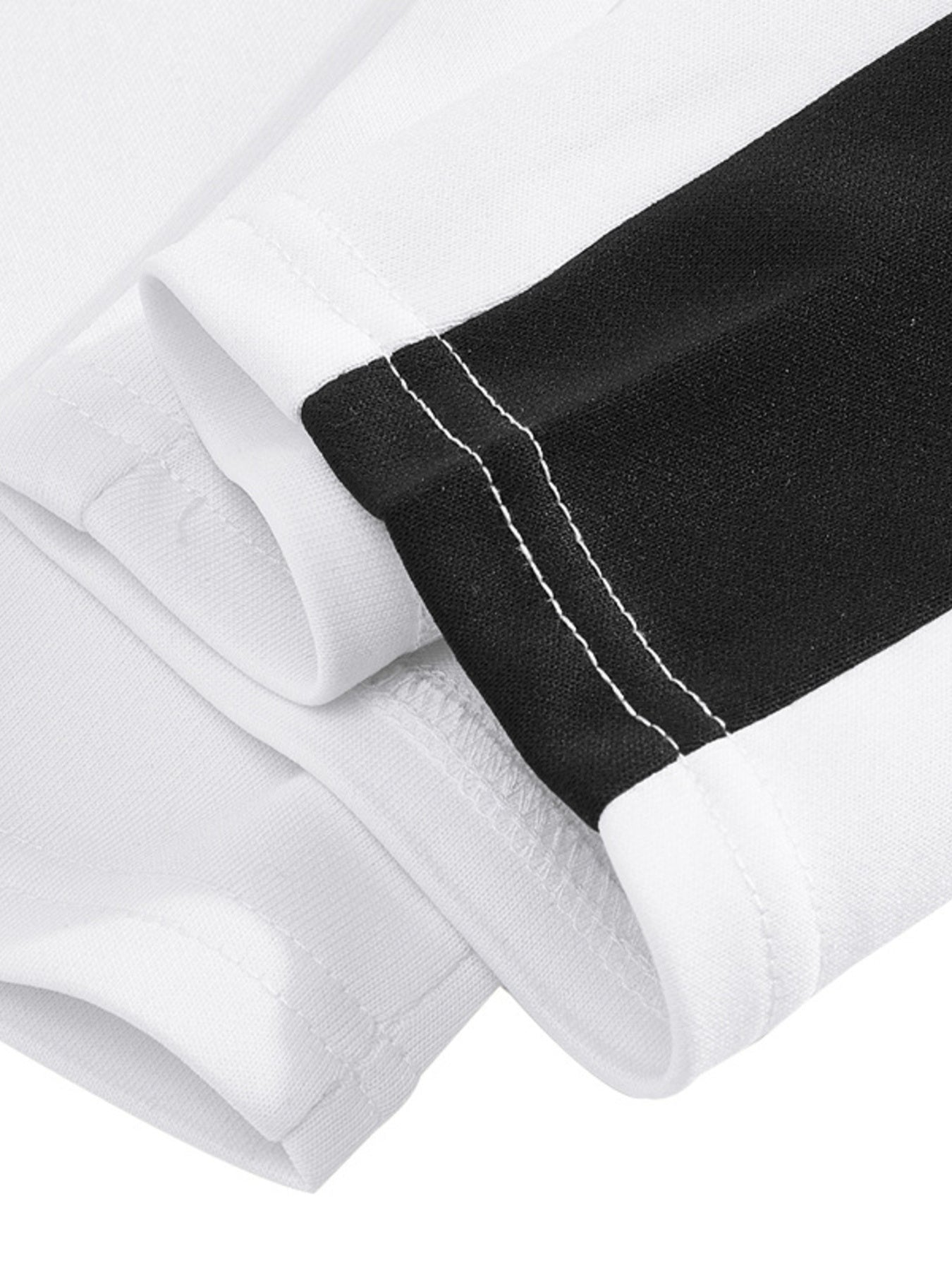Men's white sweatpants with a black side stripe detail and white stitching.