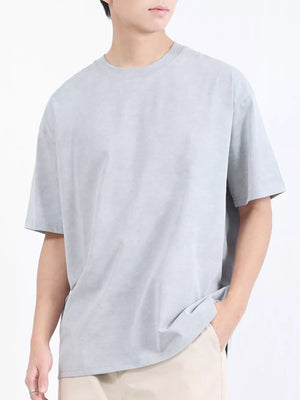 Men's light blue relaxed fit cotton blend t-shirt with crew neck and short sleeves.