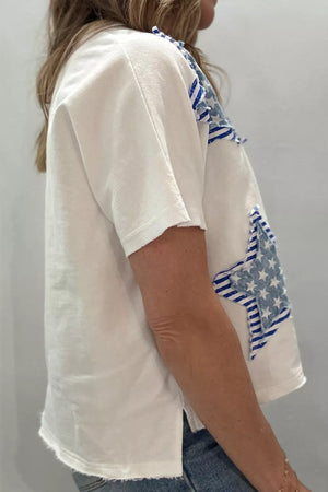 White cotton tee with star applique and frayed details
