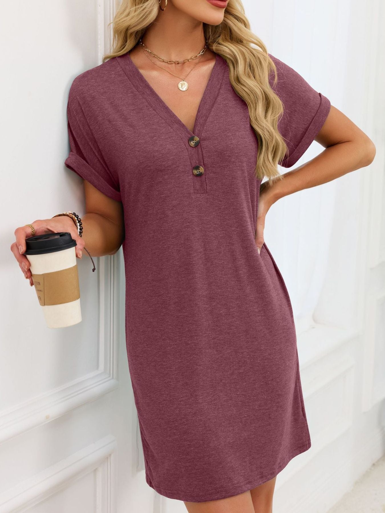Wine Red V-neck t-shirt dress with decorative buttons and cuffed short sleeves.