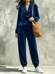 Cowl Neck Top And Joggers Set in Black, model styling view