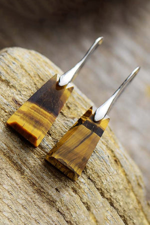 Tiger's Eye trapezoid drop earrings with silver hooks.