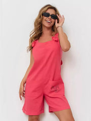 Cotton tie-strap romper in coral pink with embroidered fox detail on pocket.