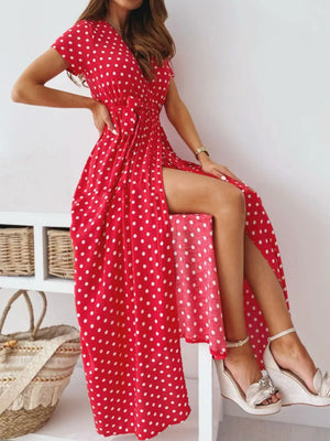 Polka Dot Surplice Maxi Dress With Slit in Dusty Pink, product detail