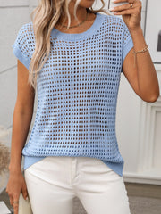 Light blue openwork knit crewneck sweater with short sleeves.