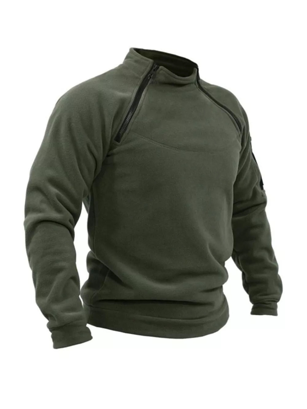 Men's army green fleece sweatshirt with quarter zip and zippered pockets