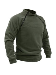 Men's army green fleece sweatshirt with quarter zip and zippered pockets