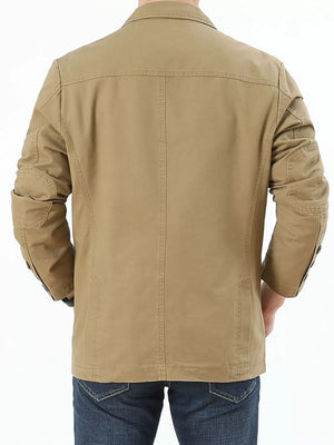 Khaki cotton button-up blazer with patch pocket detail on sleeves.