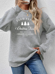 Charcoal graphic sweatshirt with "Farm Fresh Christmas Trees" print, crew neck, long sleeves.