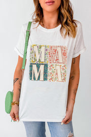 White Mama tee with floral collage squares and short sleeves.