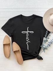 Black t-shirt with white script "faith" graphic, crew neck, short sleeves.