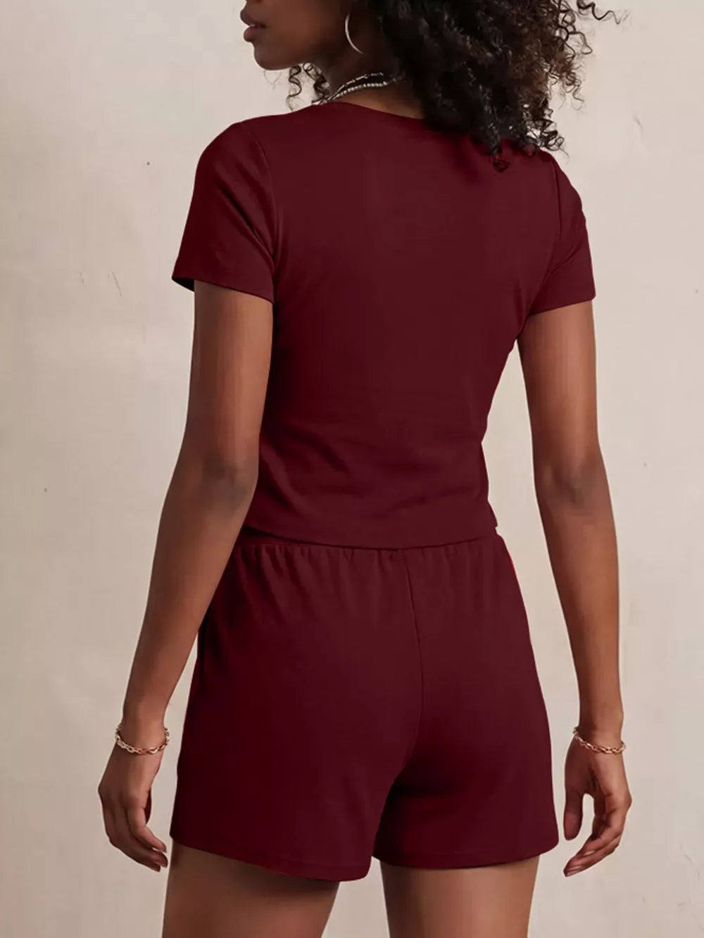 Burgundy scoop-neck tee and drawstring shorts pajama set for women.