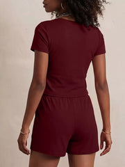 Burgundy scoop-neck tee and drawstring shorts pajama set for women.