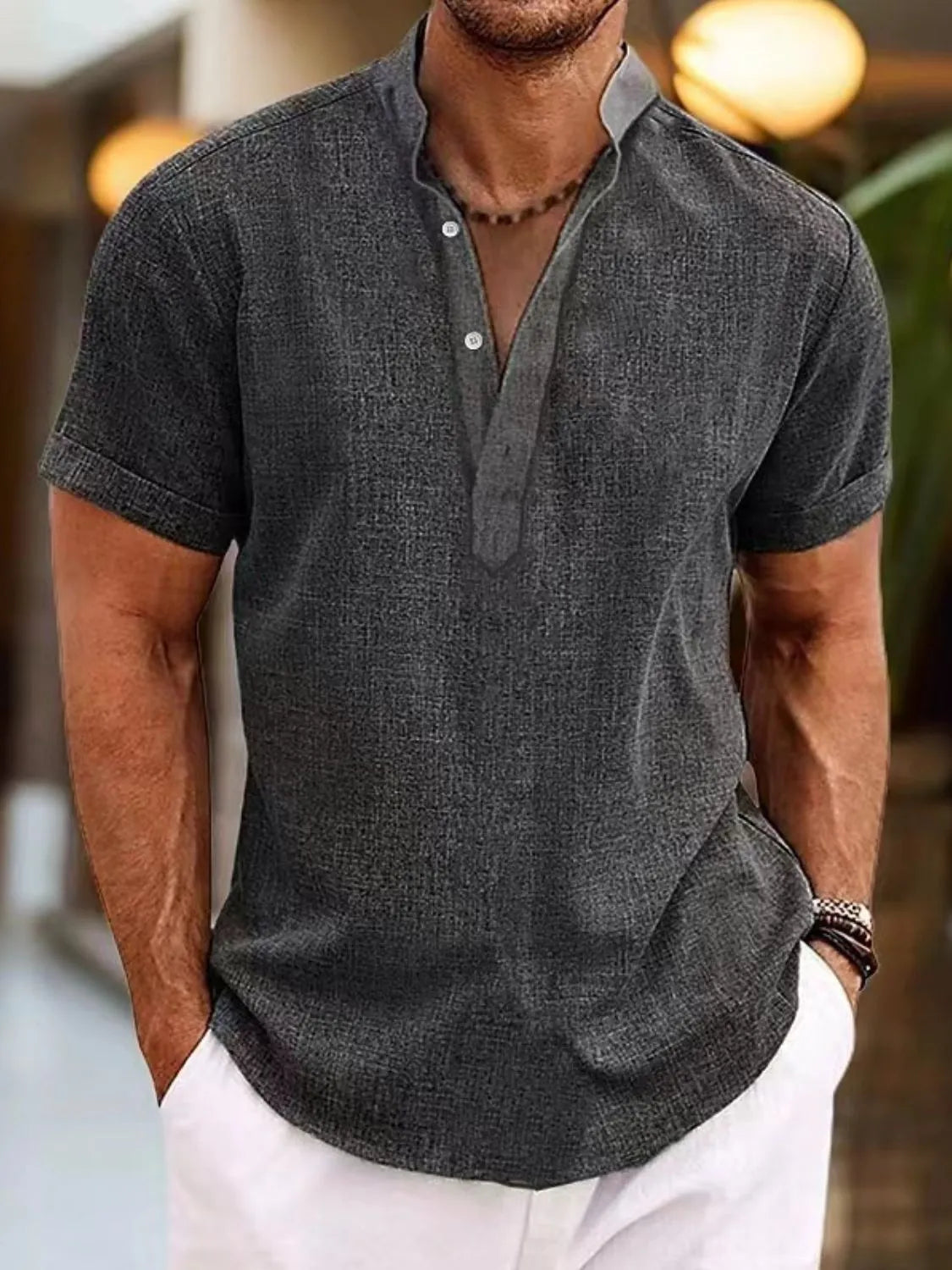 Dark Gray Linen Blend Henley Shirt with Mandarin Collar and Button Detail