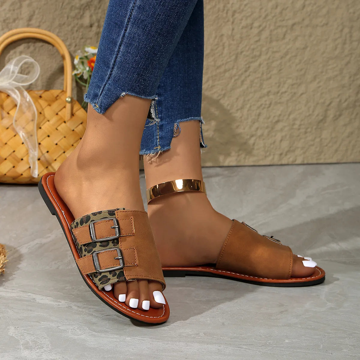 Buckle detail leopard print sliders in caramel with double buckle straps.