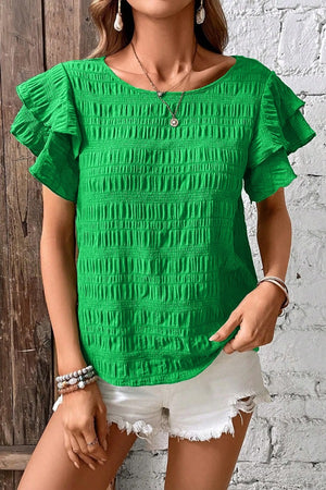 Green textured ruffle sleeve crew neck blouse with smocked bodice.
