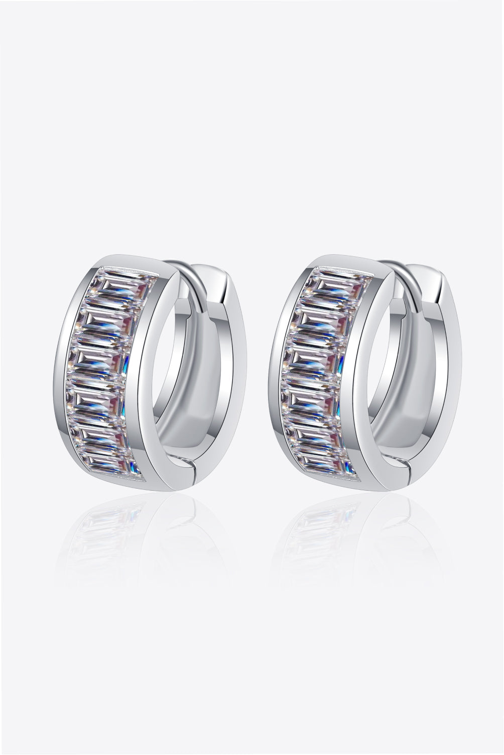 Silver baguette cut crystal huggie hoop earrings with clear stones