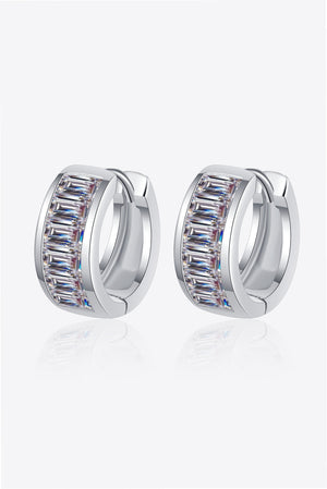 Silver baguette cut crystal huggie hoop earrings with clear stones