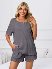 Dark Gray textured ribbed knit pajama set with short sleeves and notched neckline, featuring shorts with pockets.