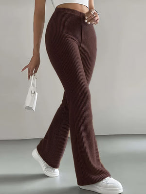 Brown ribbed high waist flare pants with a comfortable knit texture.