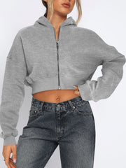 Gray cropped zip-up hoodie with ribbed hem and cuffs