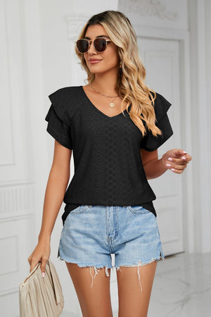 Black eyelet knit blouse with V-neck and flutter sleeves