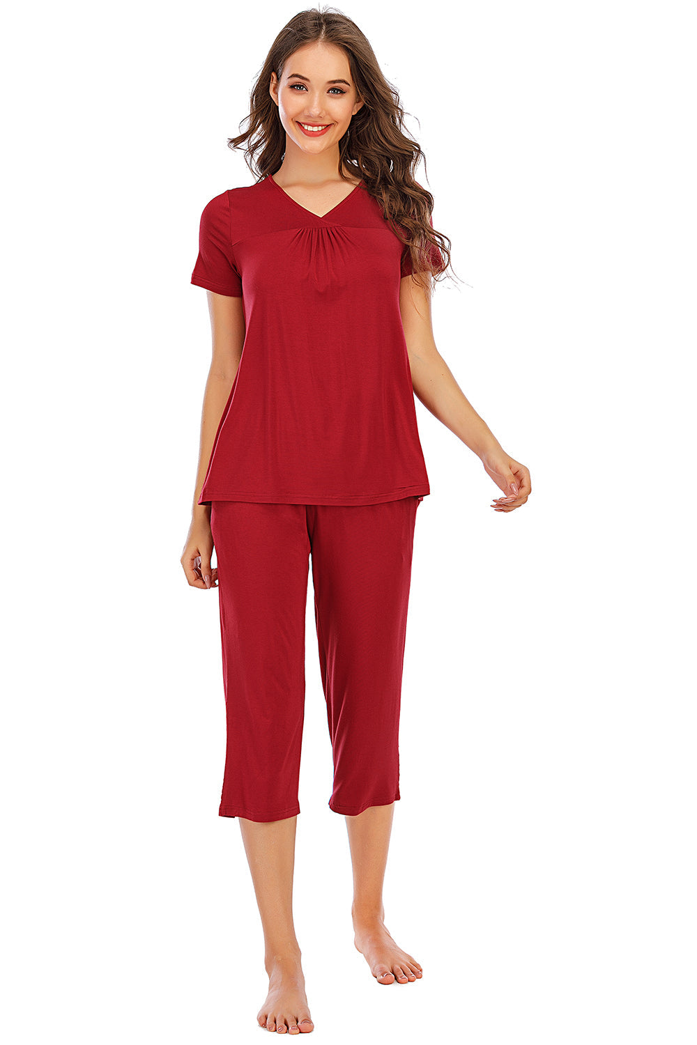 Scarlet loungewear set with gathered V-neck top and capri pants