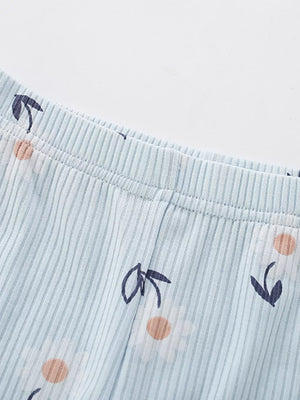 Baby girls' light blue striped pants with a floral print.