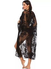 Black floral lace kimono cover-up with beaded trim, sheer and flowing.