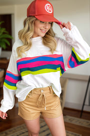 Colorblock crewneck sweatshirt with ribbing and bright horizontal stripes on white.