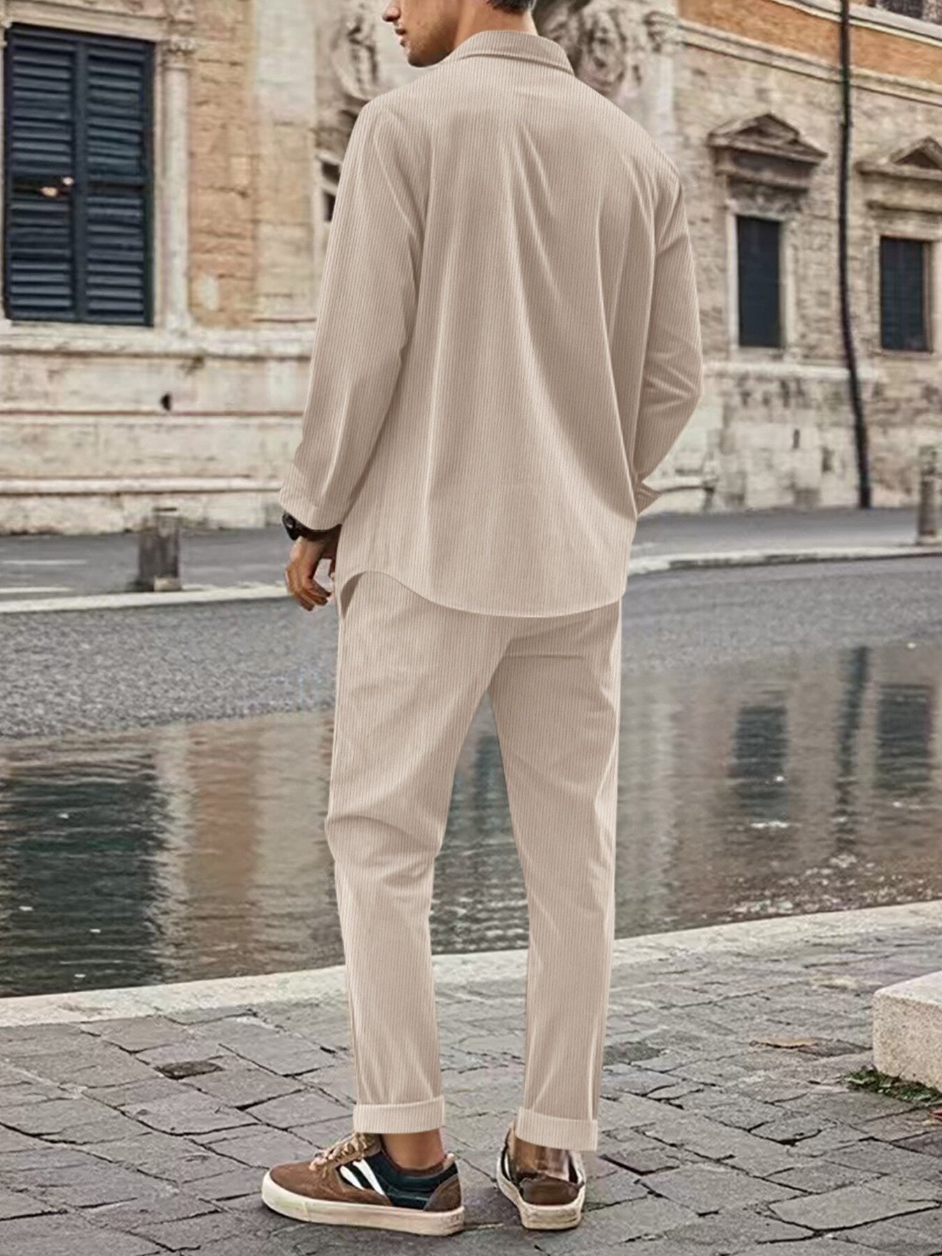 Men's Full Size Button Up Long Sleeve Shirt And Pants Set, side view